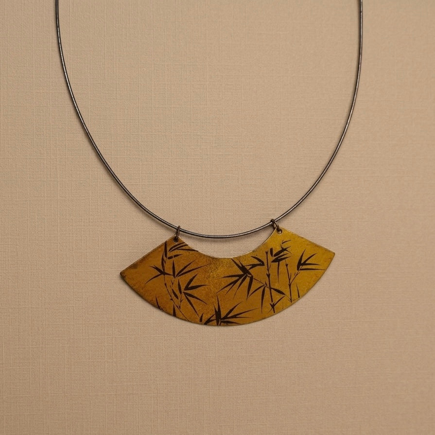 Fan Panel Necklace Hand-Painted Gilded Fan Pendant Choker  Modern Oriental Lacquer Art Jewelry