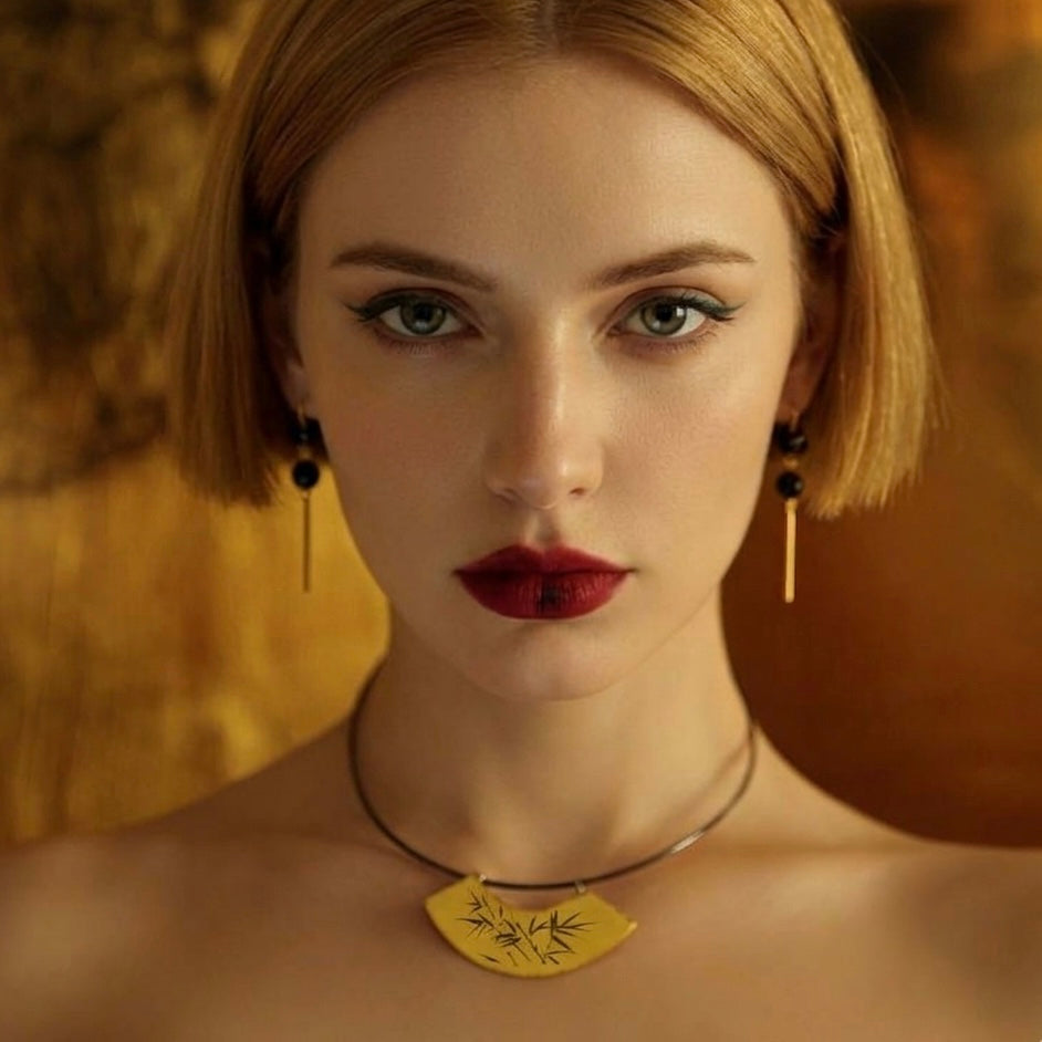 Fan Panel Necklace Hand-Painted Gilded Fan Pendant Choker  Modern Oriental Lacquer Art Jewelry