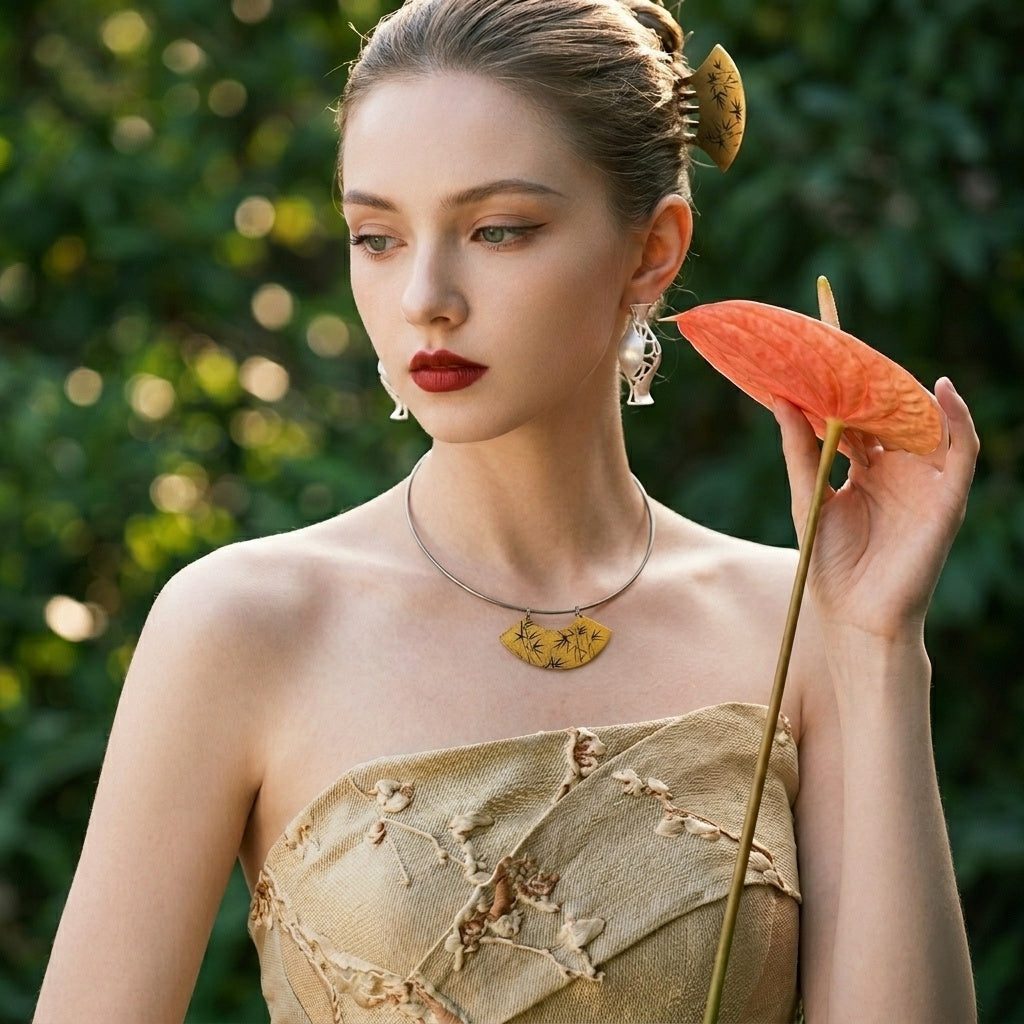 Fan Panel Necklace Hand-Painted Gilded Fan Pendant Choker  Modern Oriental Lacquer Art Jewelry