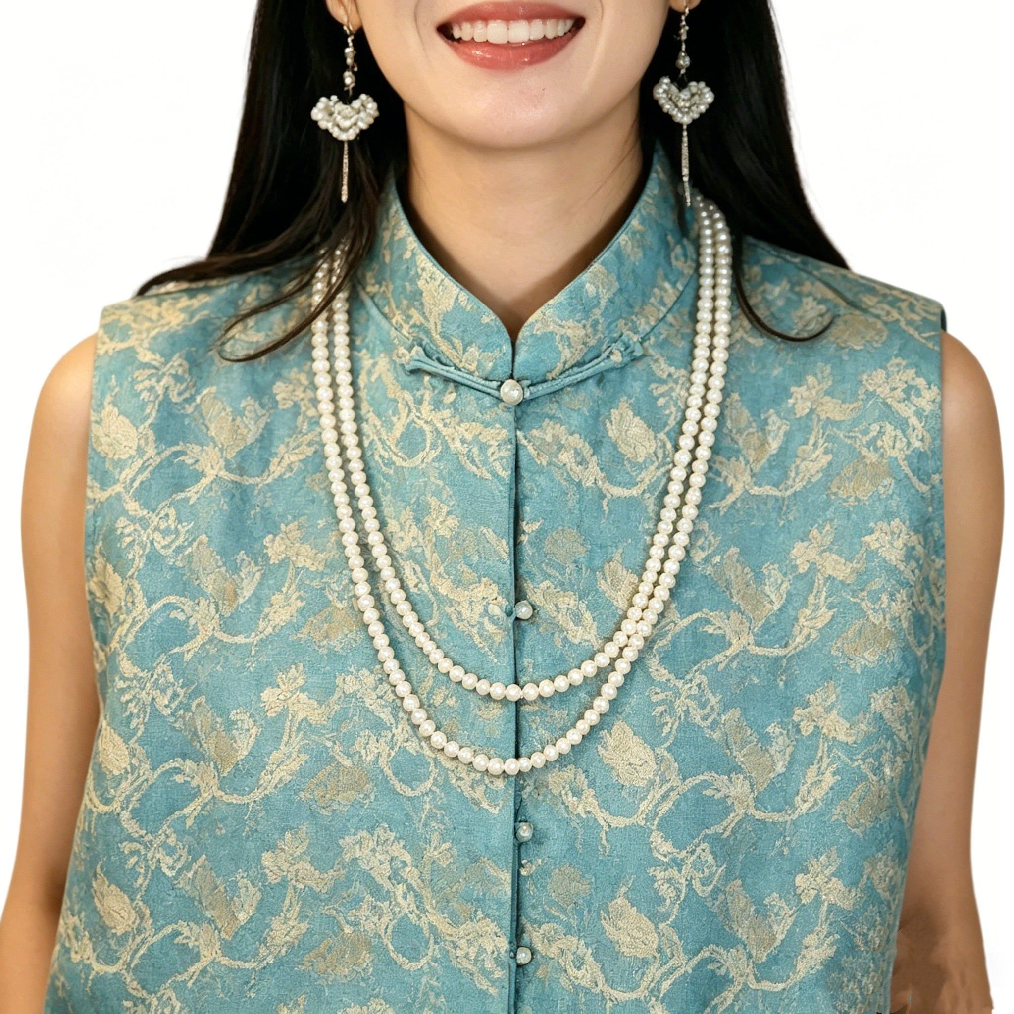Round Neck Button-Front Stylish Shu Brocade Cheongsam Top