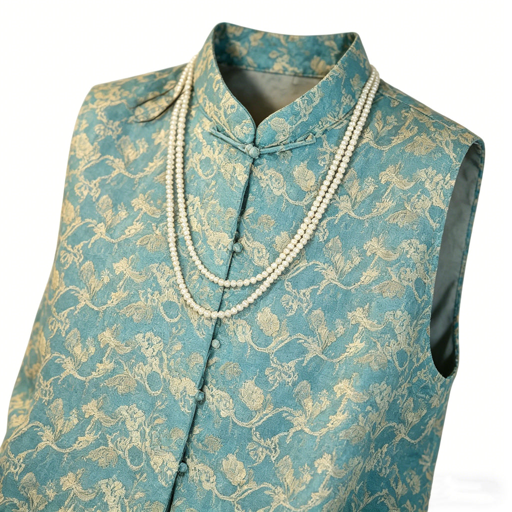 Round Neck Button-Front Stylish Shu Brocade Cheongsam Top