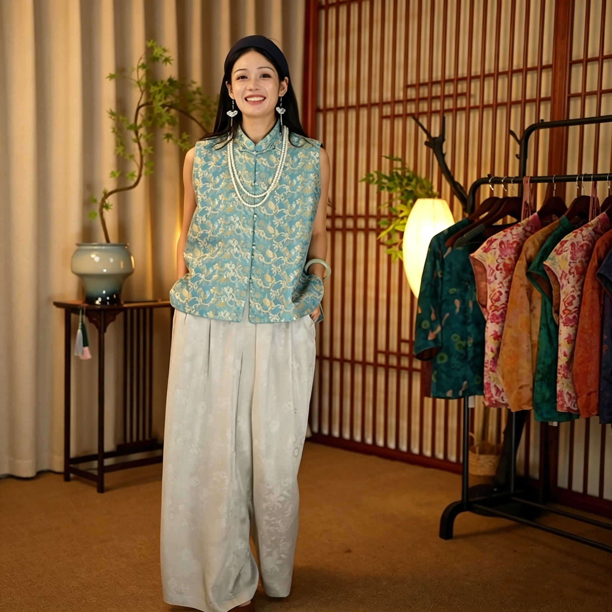 Round Neck Button-Front Stylish Shu Brocade Cheongsam Top