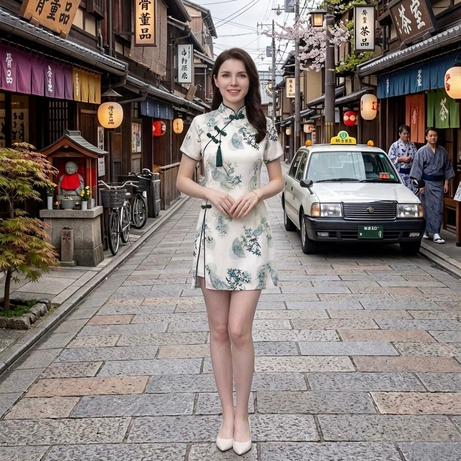 Modern Cheongsam Floral Satin Ink Print Two-Piece Shorts Set
