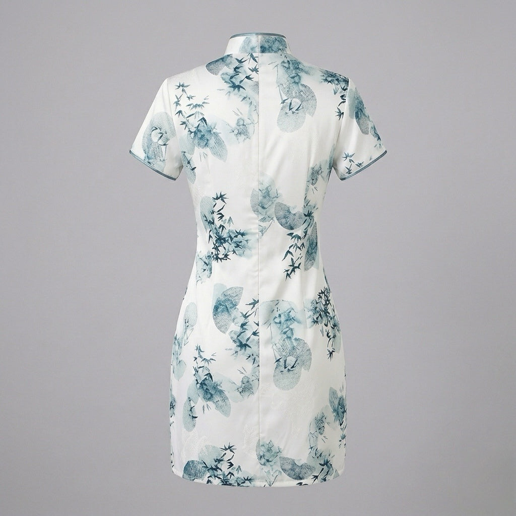 Modern Cheongsam Floral Satin Ink Print Two-Piece Shorts Set