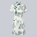 Modern Cheongsam Floral Satin Ink Print Two-Piece Shorts Set