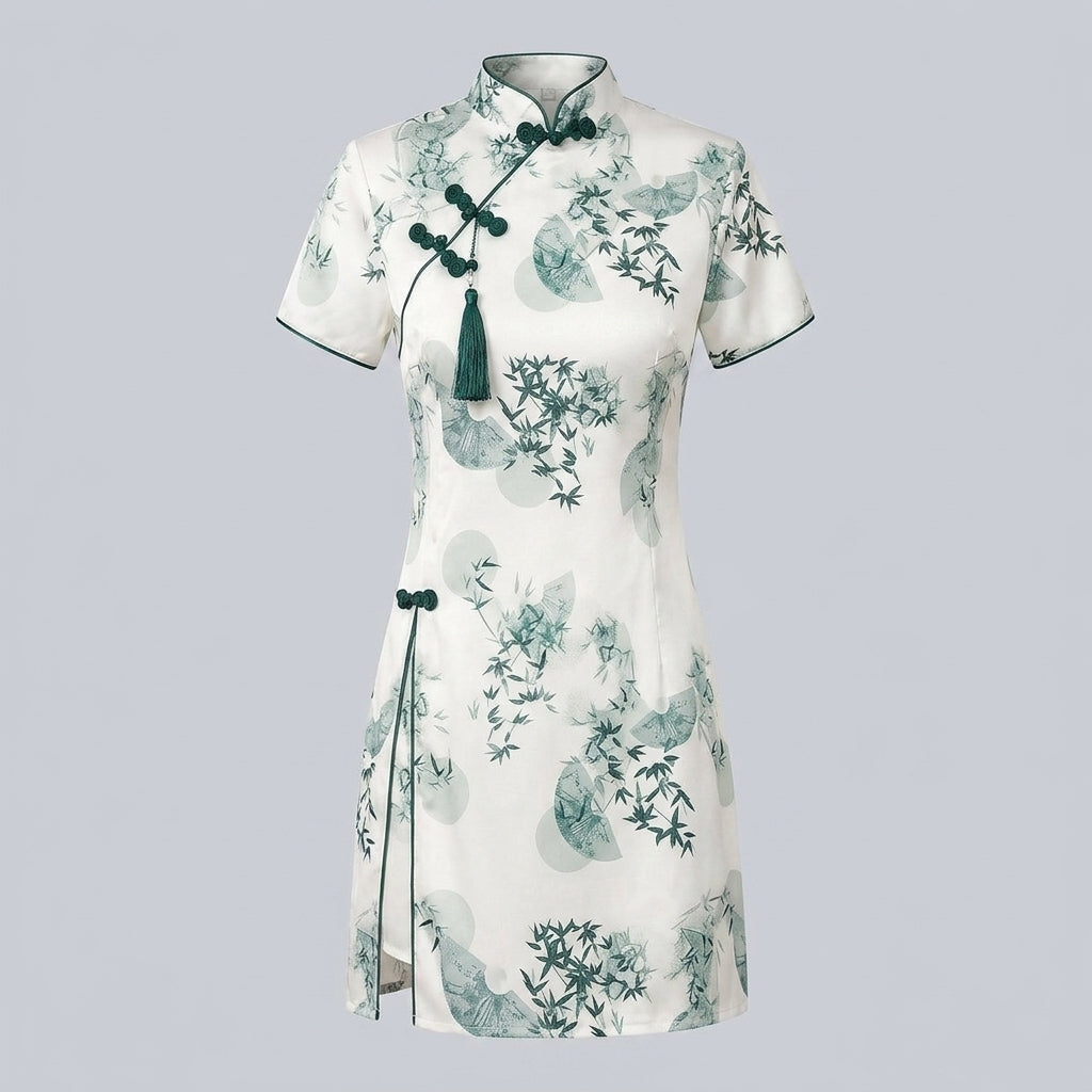 Modern Cheongsam Floral Satin Ink Print Two-Piece Shorts Set