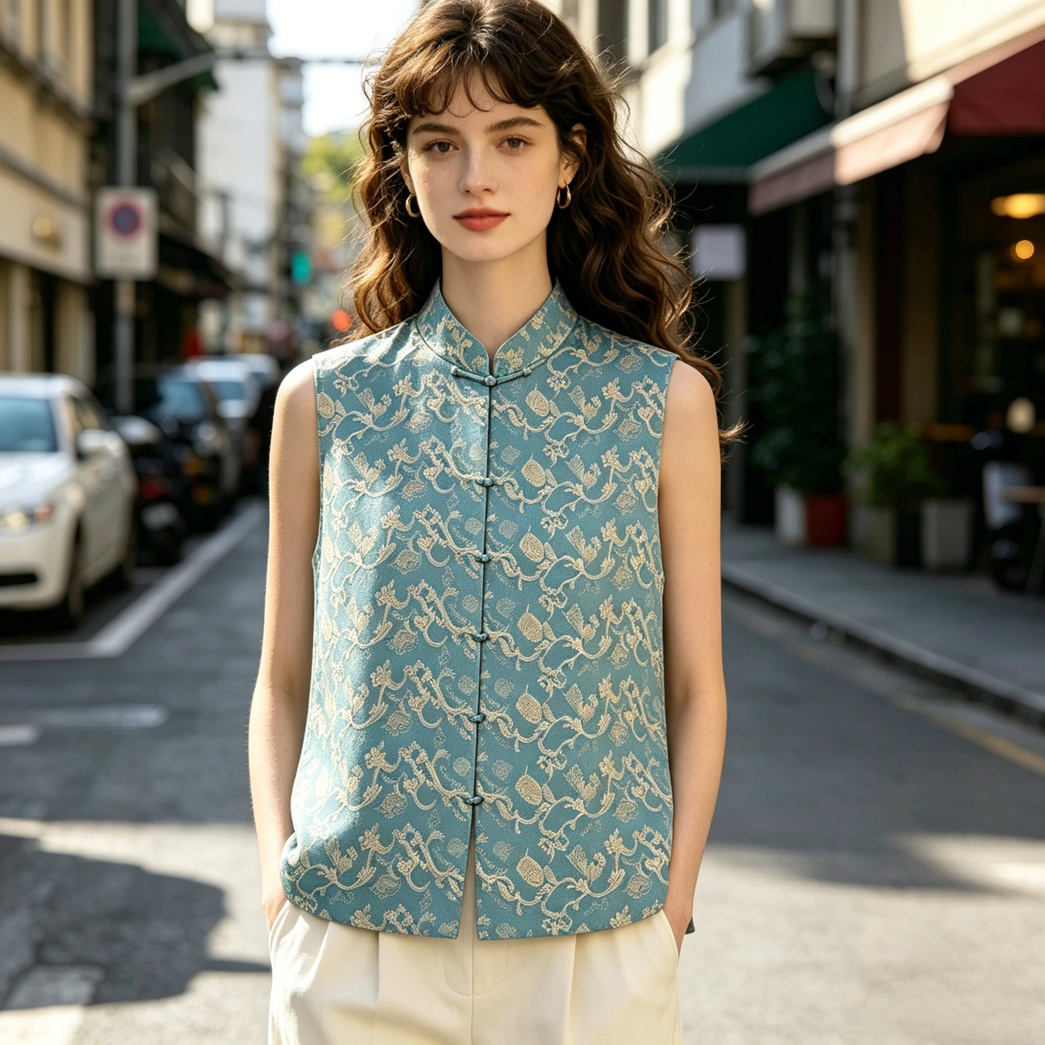 Sage Blue Brocade Vest Top
