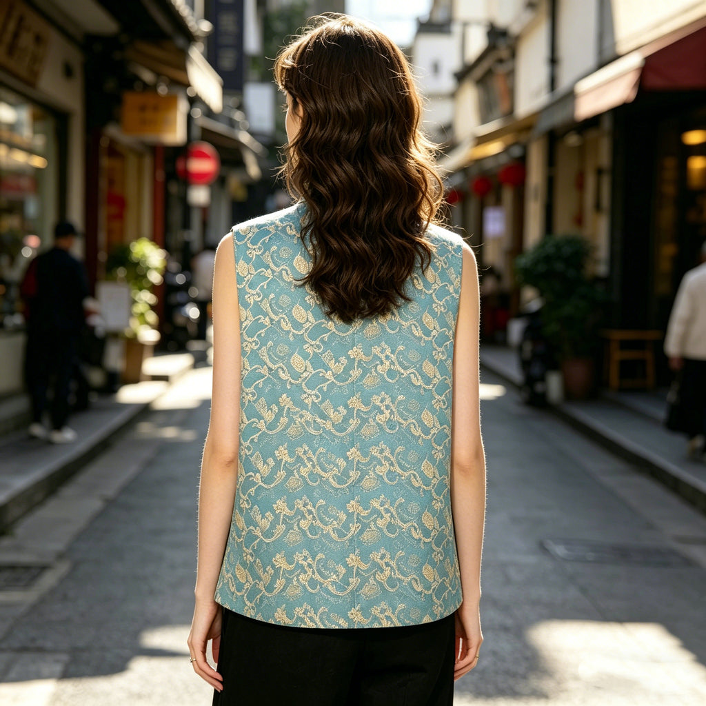 Sage Blue Brocade Vest Top