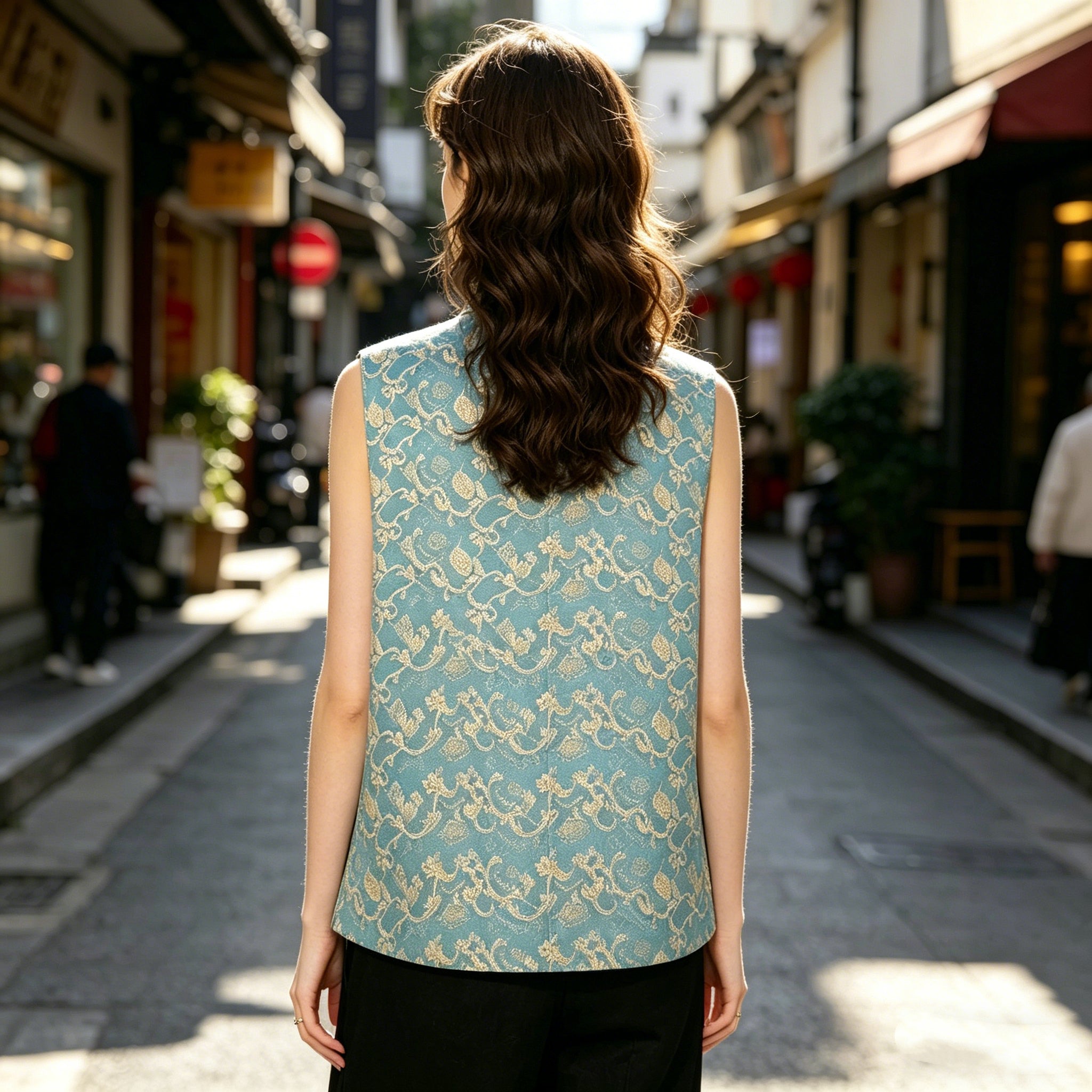 Sage Blue Brocade Vest Top